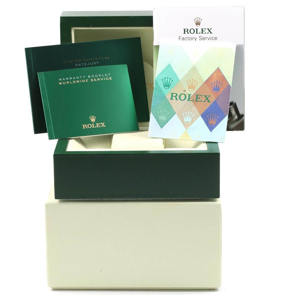 The image shows the packaging, warranty booklet, factory service booklet, and manual for a Rolex Datejust 179161 Women's Steel and Gold (two tone) Blue Dial 179161 Women's Steel and Gold (two tone) Blue Dial watch.