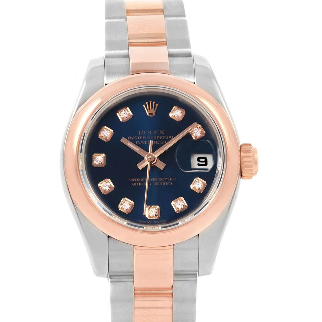 This Rolex Datejust 179161 Women's Steel and Gold (two tone) Blue Dial 179161 Women's Steel and Gold (two tone) Blue Dial watch is shown from a front angle, highlighting the dial, bezel, crown, and bracelet.