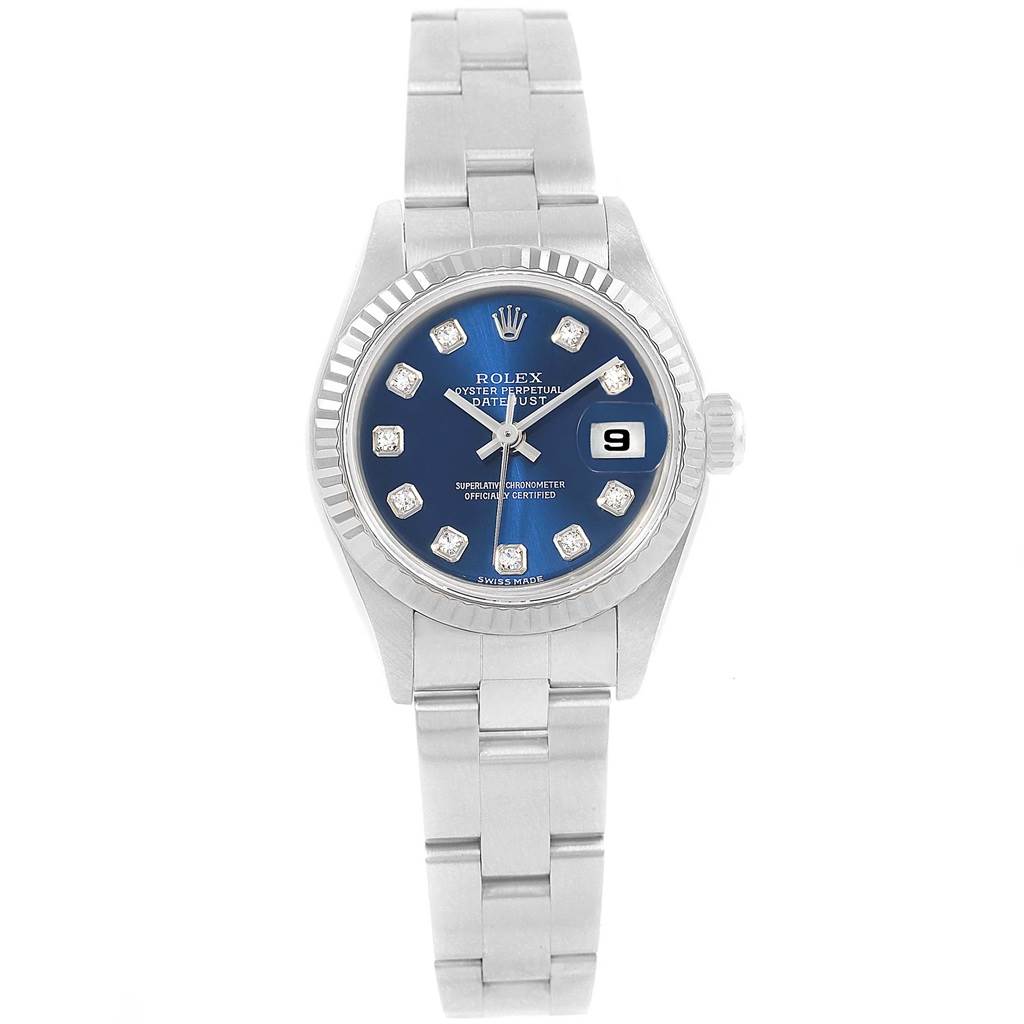 This image shows a front view of the Rolex Datejust 79174 Women
s Stainless Steel Blue Dial 79174 Women
s Stainless Steel Blue Dial watch, highlighting its blue dial, date window, and metal bracelet.