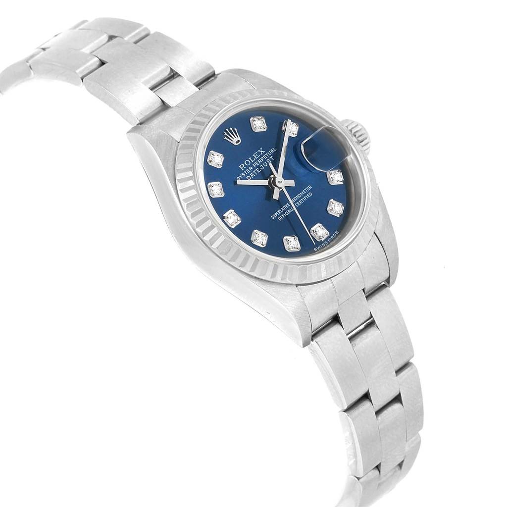 This image shows a Rolex Datejust 79174 Women
s Stainless Steel Blue Dial 79174 Women
s Stainless Steel Blue Dial model at an angled view, highlighting its blue dial, bezel, and stainless steel bracelet.