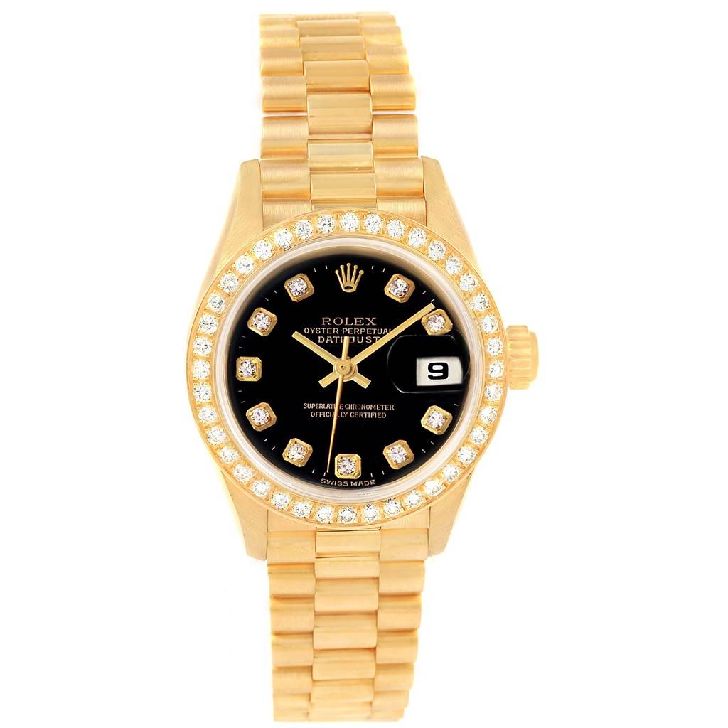 A Rolex Datejust 79138 Women's Yellow Gold Black Dial 79138 Women's Yellow Gold Black Dial watch is shown from the front, displaying its dial, bezel, and bracelet.