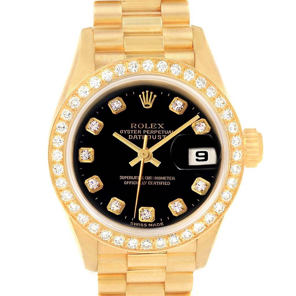 This Rolex Datejust 79138 Women's Yellow Gold Black Dial 79138 Women's Yellow Gold Black Dial watch is shown from a front view, highlighting the dial, bezel, and bracelet.
