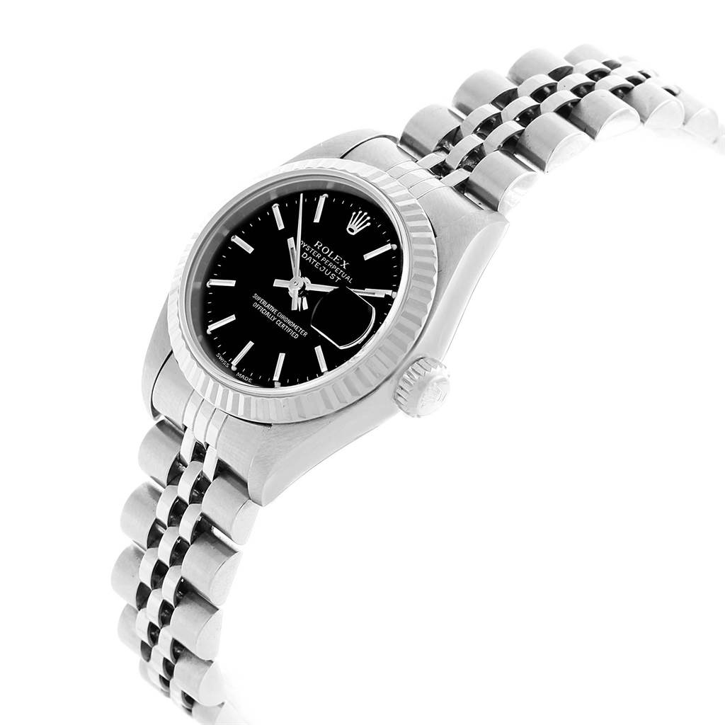 This image shows a side view of a Rolex Datejust 79174 Women's Stainless Steel Black Dial 79174 Women's Stainless Steel Black Dial watch, highlighting its bezel, dial, crown, and bracelet.