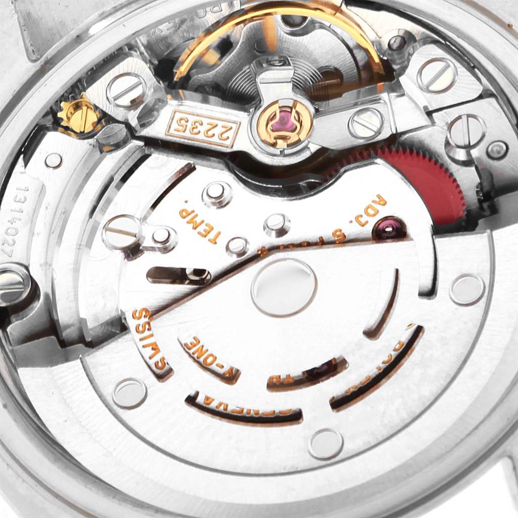 The image shows a close-up view of the movement mechanism inside a Rolex Datejust 79174 Women's Stainless Steel Black Dial 79174 Women's Stainless Steel Black Dial watch.