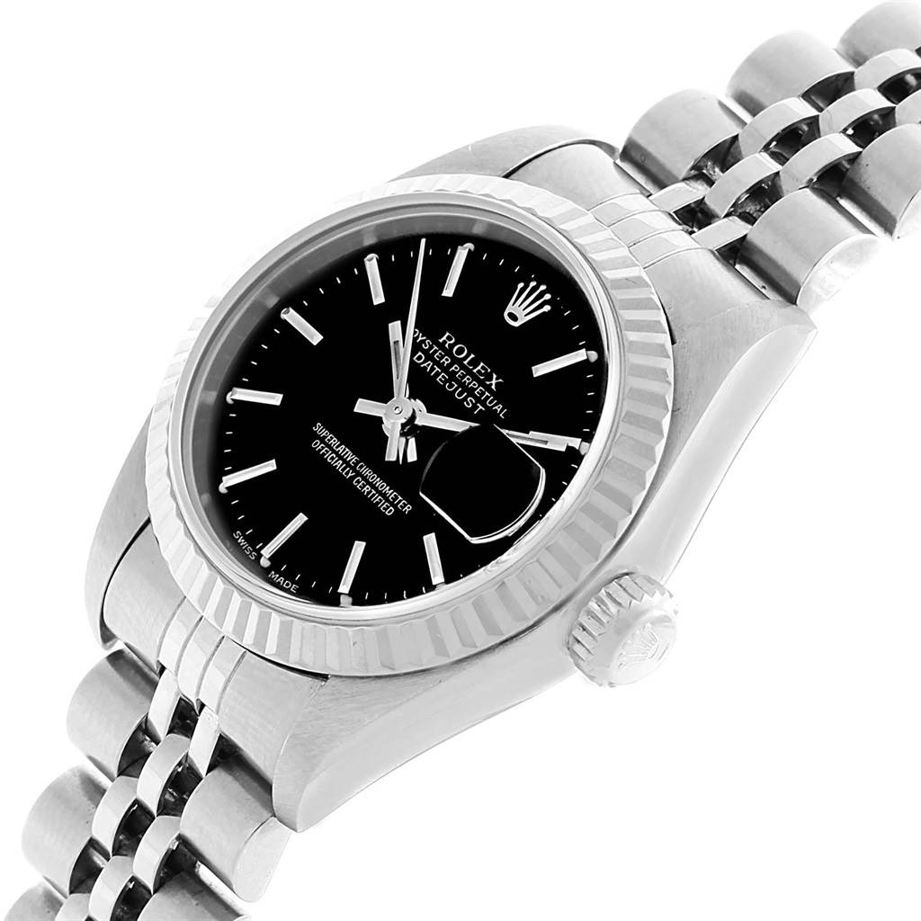 The image shows a Rolex Datejust 79174 Women's Stainless Steel Black Dial 79174 Women's Stainless Steel Black Dial watch from a side angle, highlighting the dial, bezel, crown, and bracelet.