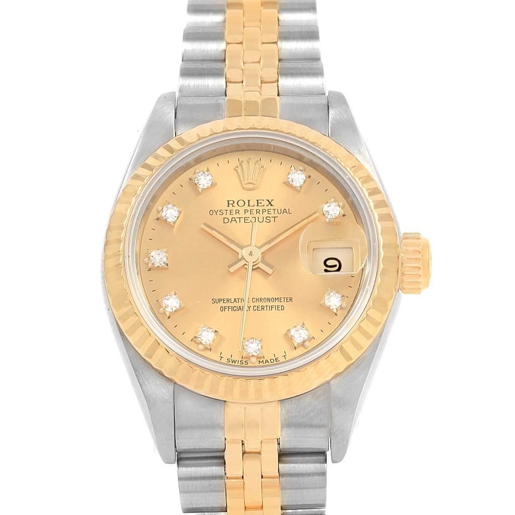 This image shows a front view of a Rolex Datejust 69173 Women's Stainless Steel Champagne Dial 69173 Women's Stainless Steel Champagne Dial watch, including its dial, bezel, and bracelet.
