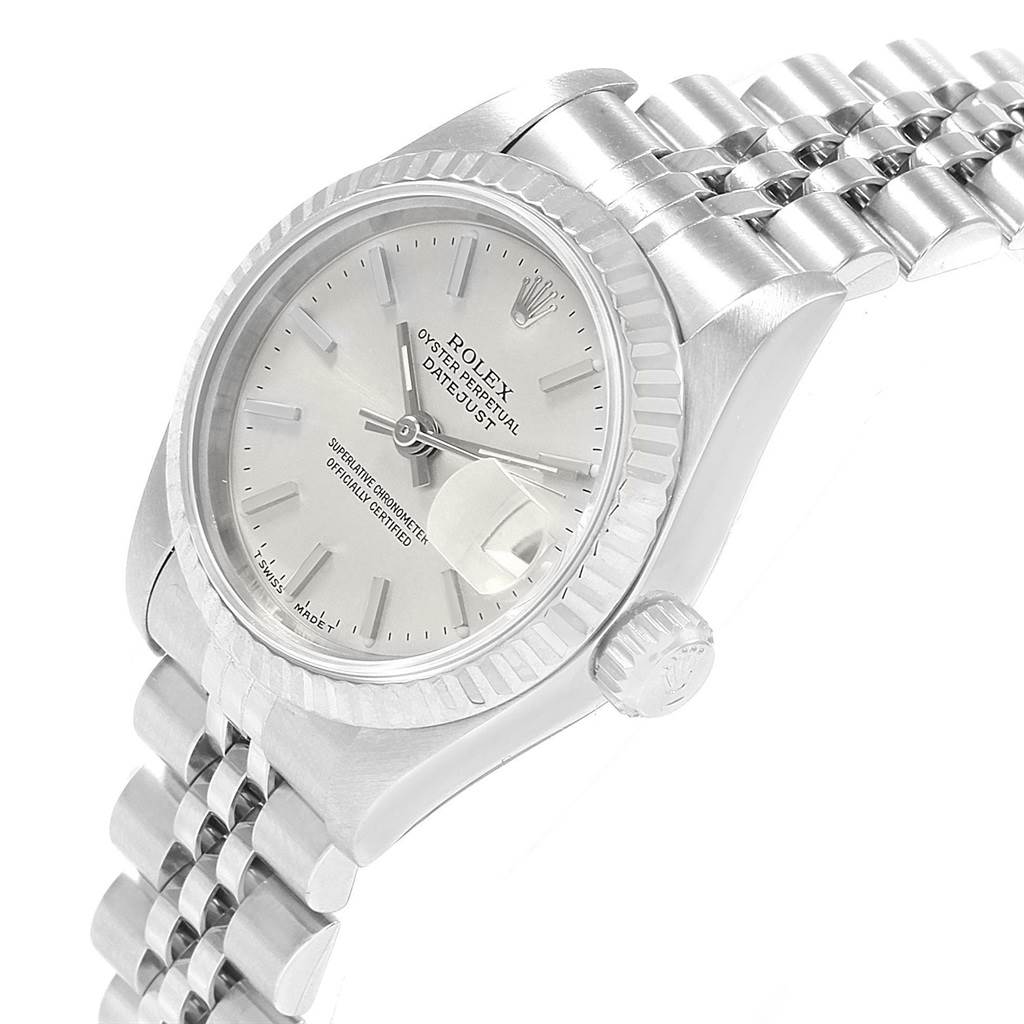 The image shows a Rolex Datejust 69174 Women's Stainless Steel Silver Dial 69174 Women's Stainless Steel Silver Dial watch at an angle displaying its face, crown, and Jubilee bracelet.