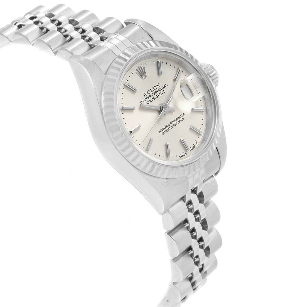 This image shows a close-up, side-angle view of a Rolex Datejust 69174 Women's Stainless Steel Silver Dial 69174 Women's Stainless Steel Silver Dial watch, displaying the face and part of the stainless steel bracelet.
