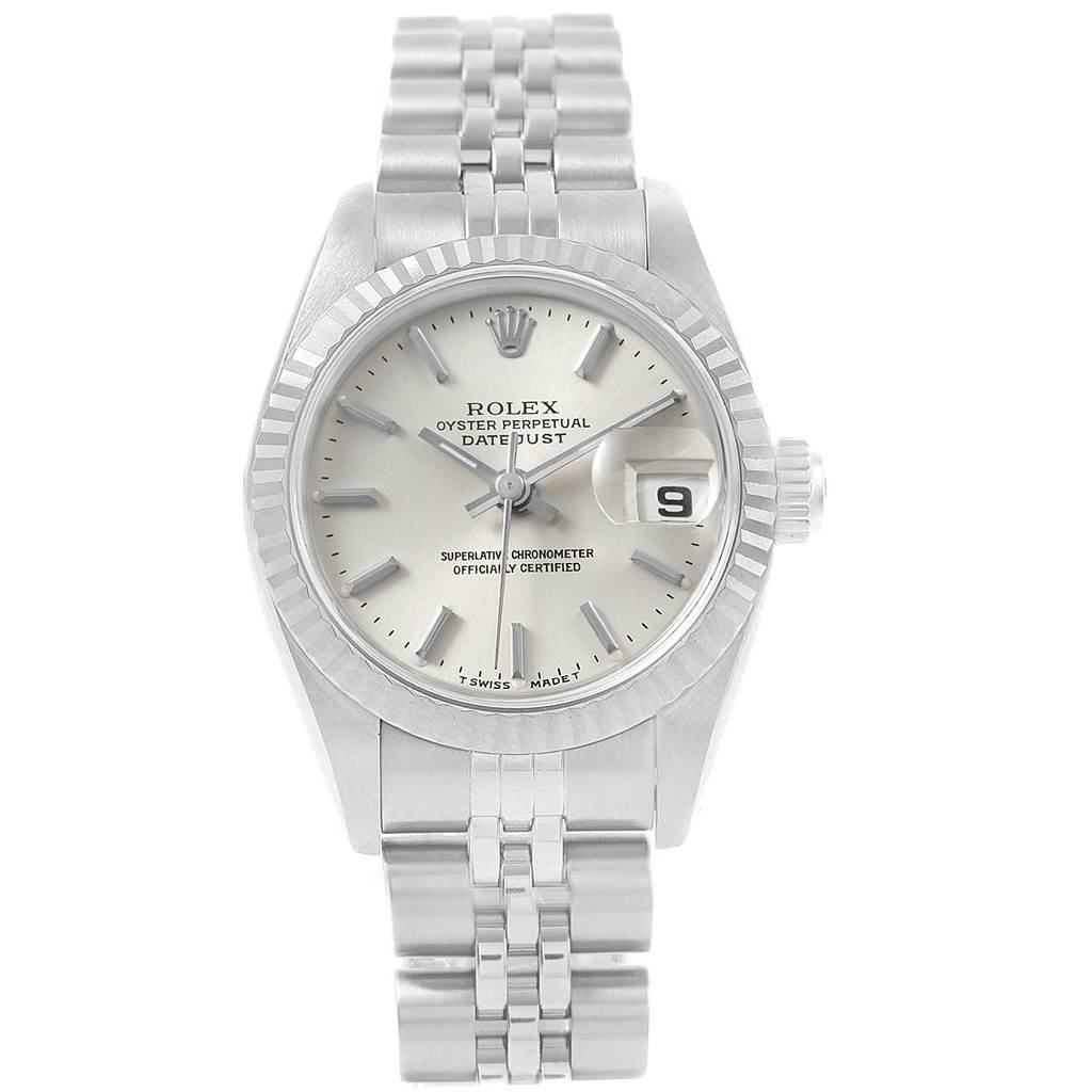 This is a front view of the Rolex Datejust 69174 Women's Stainless Steel Silver Dial 69174 Women's Stainless Steel Silver Dial model, showing its face, bezel, crown, and bracelet.