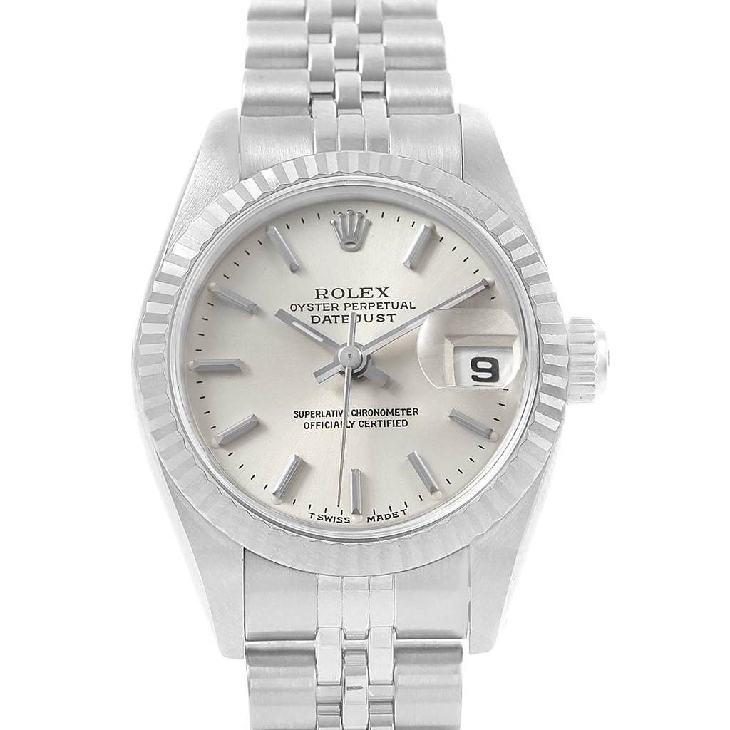 The image shows a Rolex Datejust 69174 Women's Stainless Steel Silver Dial 69174 Women's Stainless Steel Silver Dial watch from a front angle, displaying its dial, fluted bezel, and jubilee bracelet.