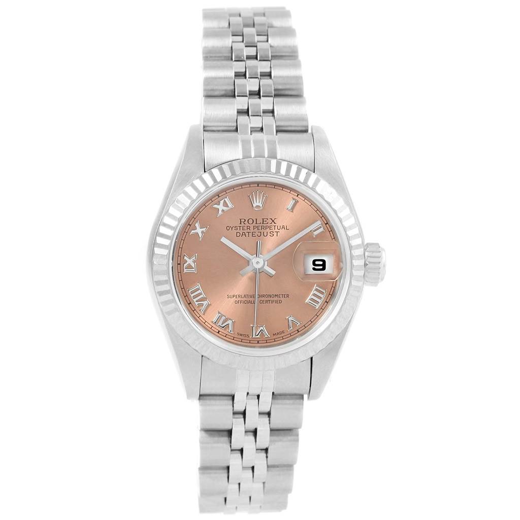 This image shows a frontal view of a Rolex Datejust 79174 Women's Stainless Steel Pink Dial 79174 Women's Stainless Steel Pink Dial watch, highlighting the dial, bezel, and bracelet.