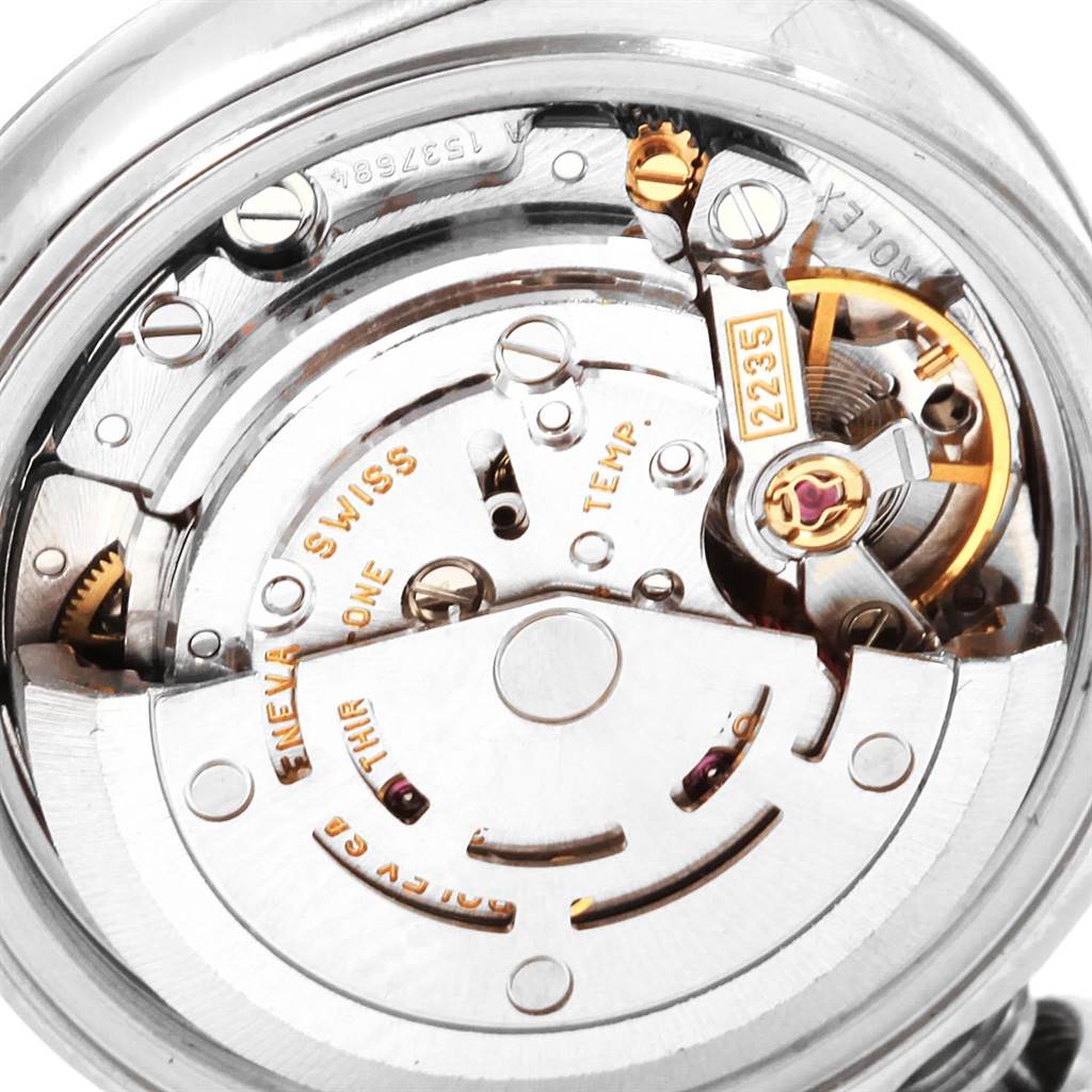 This image shows the internal mechanism of a Rolex Datejust 79174 Women's Stainless Steel Pink Dial 79174 Women's Stainless Steel Pink Dial watch, specifically its automatic movement.