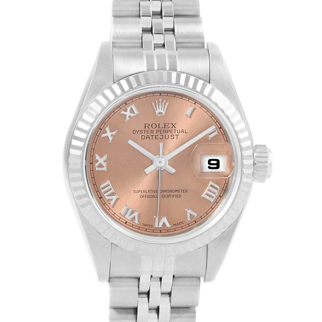 This is a frontal view of a Rolex Datejust 79174 Women's Stainless Steel Pink Dial 79174 Women's Stainless Steel Pink Dial watch showing its dial, bezel, crown, and bracelet.