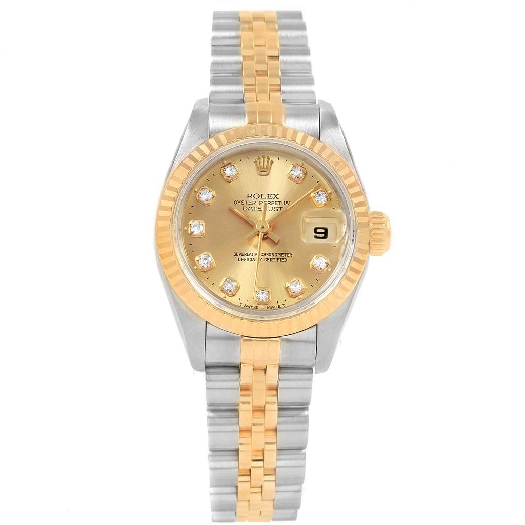 The image shows a frontal view of a Rolex Datejust 69173 Women
s Stainless Steel Champagne Dial 69173 Women
s Stainless Steel Champagne Dial watch, highlighting its gold dial, bezel, and two-tone bracelet.