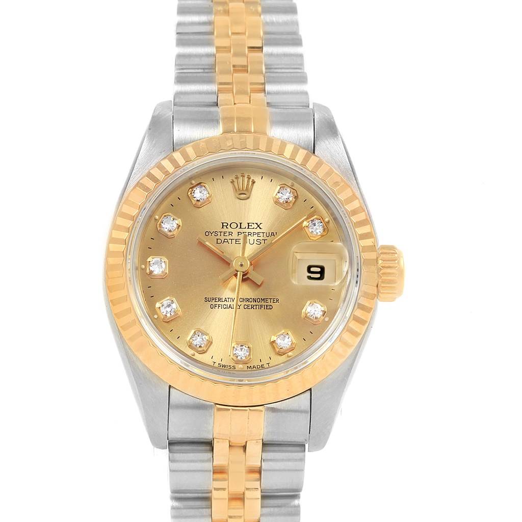 This image shows a frontal view of the Rolex Datejust 69173 Women
s Stainless Steel Champagne Dial 69173 Women
s Stainless Steel Champagne Dial watch, highlighting its dial, bezel, crown, and bracelet.