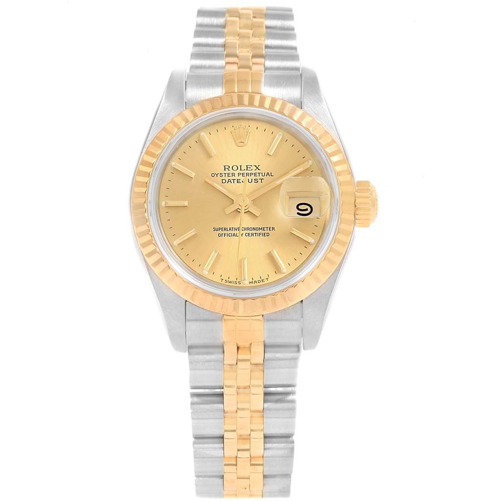 This image shows a front view of a Rolex Datejust 69173 Women's Stainless Steel Champagne Dial 69173 Women's Stainless Steel Champagne Dial watch featuring a gold and silver two-tone bracelet and a gold dial with date display.
