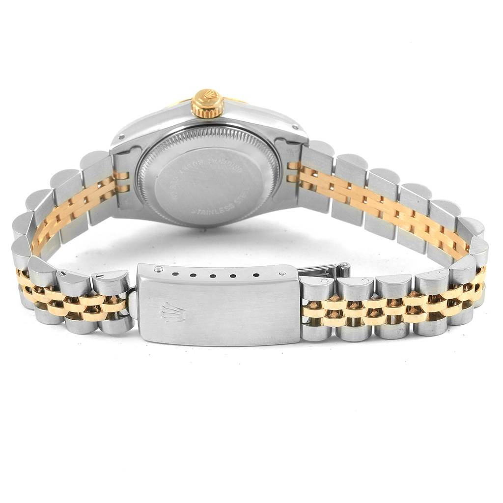 The image shows the back case, crown, and bracelet of a Rolex Datejust 69173 Women's Stainless Steel Champagne Dial 69173 Women's Stainless Steel Champagne Dial watch at a rear angle.