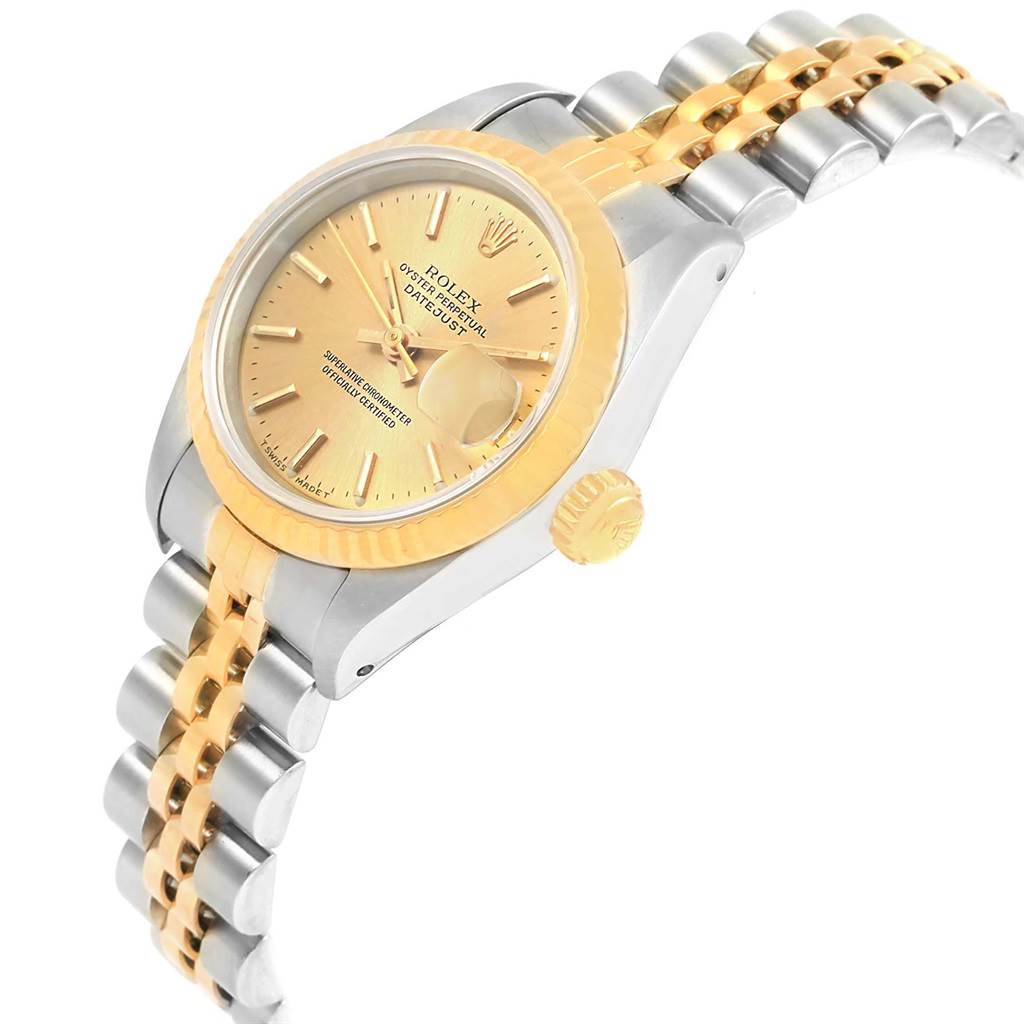 This image shows a Rolex Datejust 69173 Women's Stainless Steel Champagne Dial 69173 Women's Stainless Steel Champagne Dial, viewed at an angle revealing the dial, bezel, crown, and part of the bracelet.