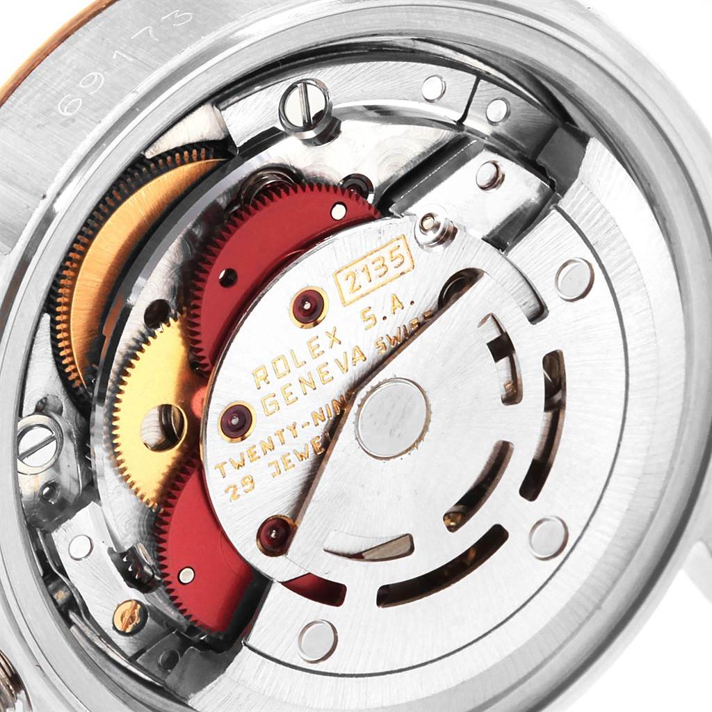 This image shows a close-up view of the inner mechanical movement of a Rolex Datejust 69173 Women's Stainless Steel Champagne Dial 69173 Women's Stainless Steel Champagne Dial watch.