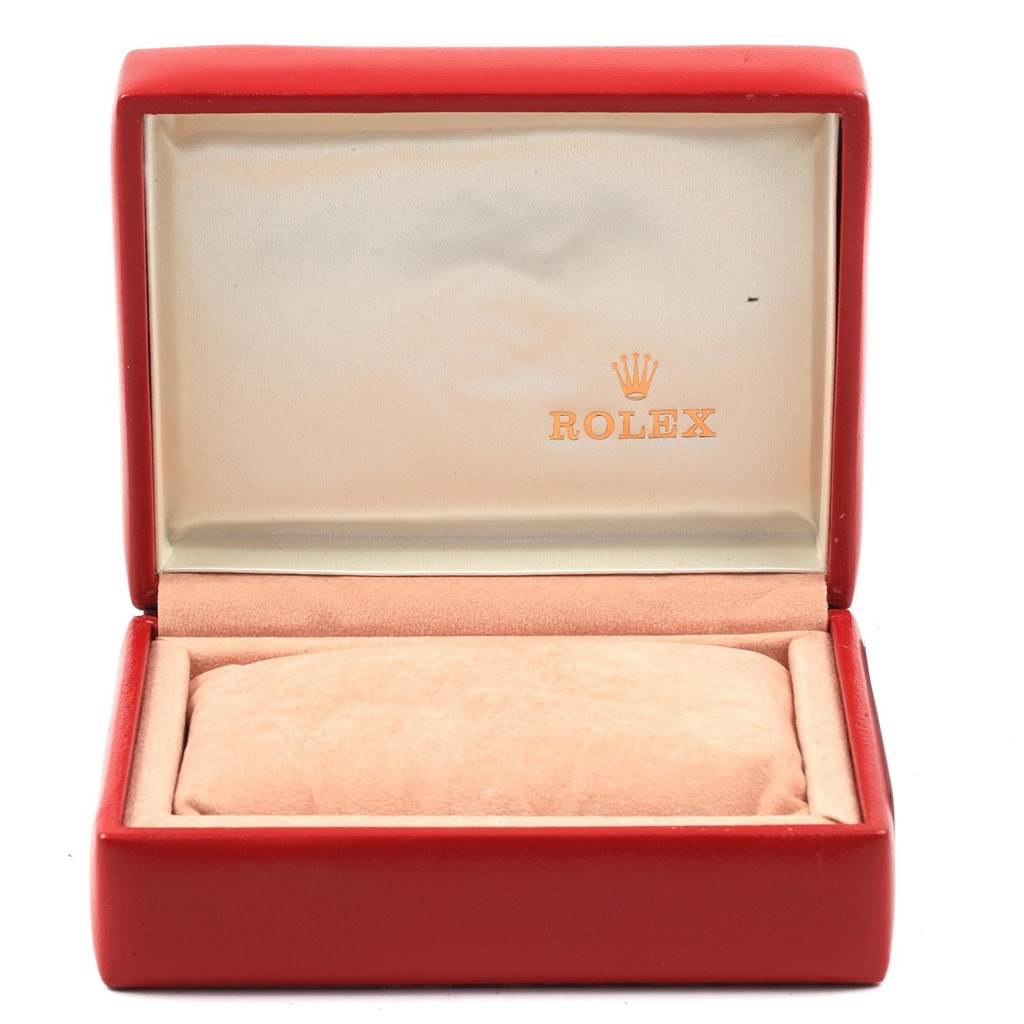 The image shows an empty red Rolex Datejust 69173 Women's Stainless Steel Grey Dial 69173 Women's Stainless Steel Grey Dial watch box, open and viewed from the front.