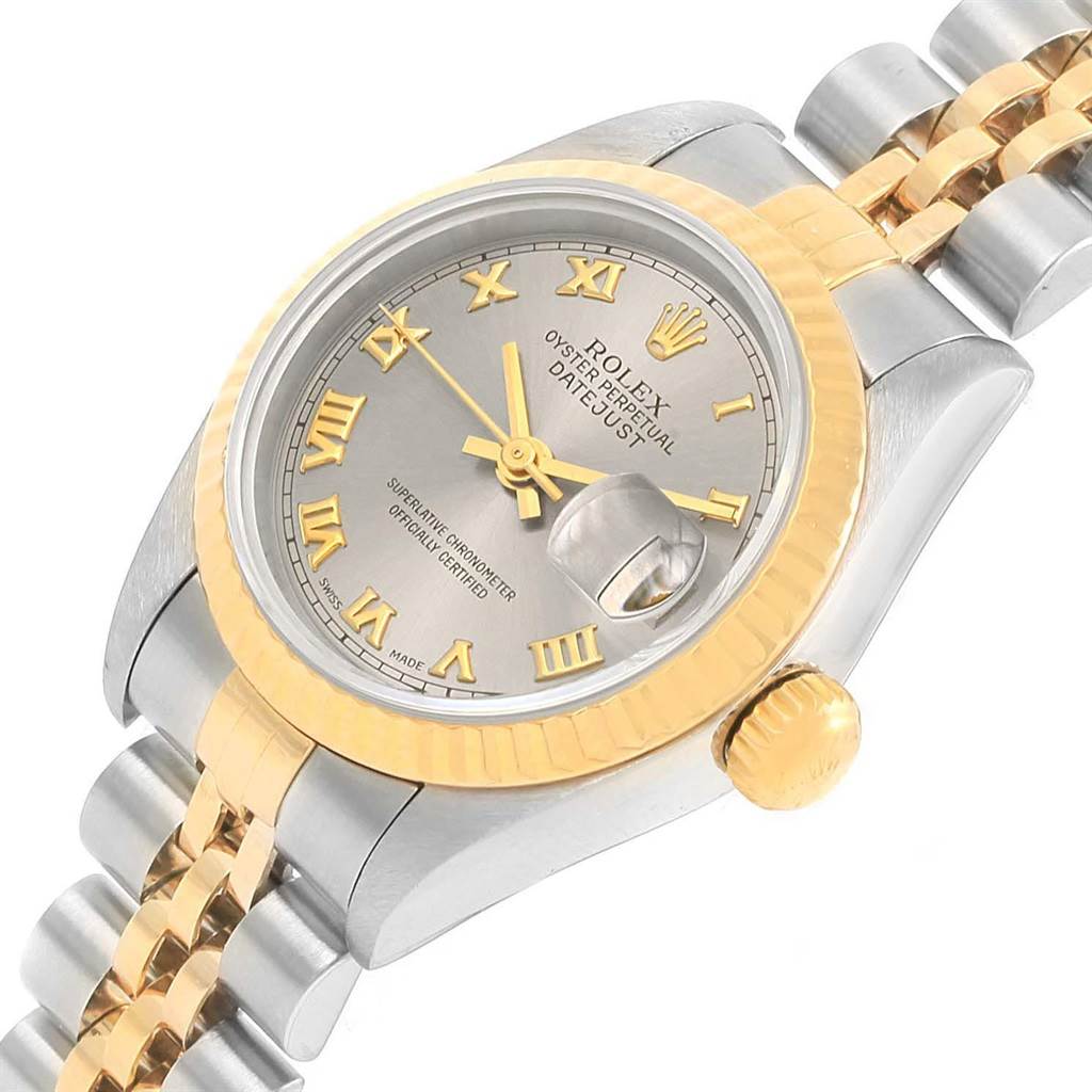The image shows a Rolex Datejust 69173 Women's Stainless Steel Grey Dial 69173 Women's Stainless Steel Grey Dial watch at an angled view, highlighting the face, bezel, crown, and part of the bracelet.