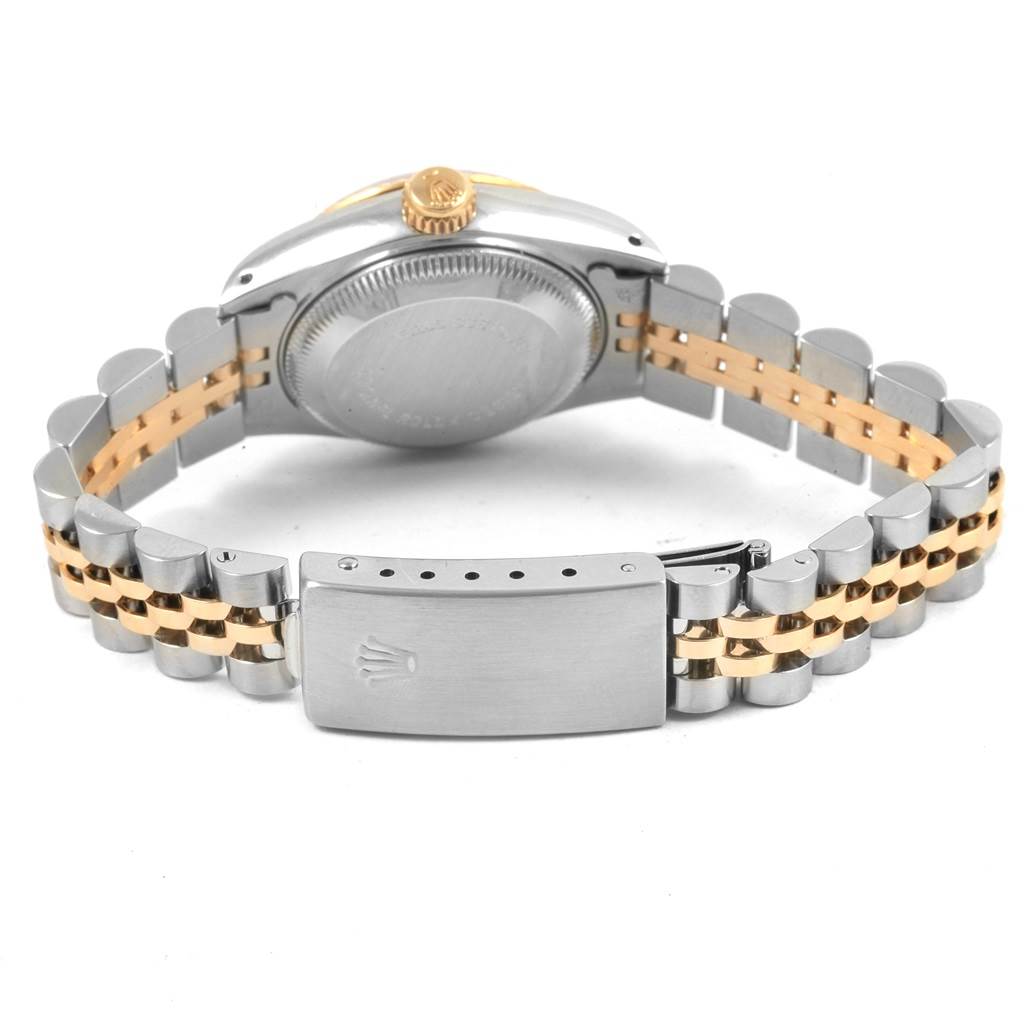 The image shows the back view of a Rolex Datejust 69173 Women's Stainless Steel Grey Dial 69173 Women's Stainless Steel Grey Dial watch, highlighting the case back, crown, and two-tone bracelet with the clasp.