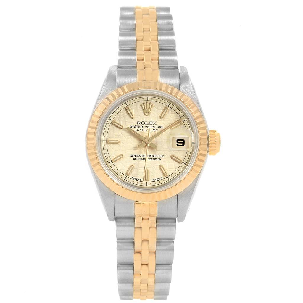 The image shows a front view of the Rolex Datejust 69173 Women's Stainless Steel Beige Dial 69173 Women's Stainless Steel Beige Dial watch, highlighting its face, bezel, and two-tone bracelet.