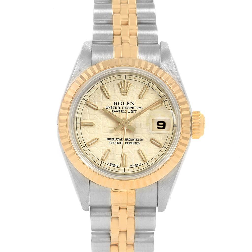 The image shows a front view of the Rolex Datejust 69173 Women's Stainless Steel Beige Dial 69173 Women's Stainless Steel Beige Dial watch, featuring the dial, bezel, crown, and bracelet.