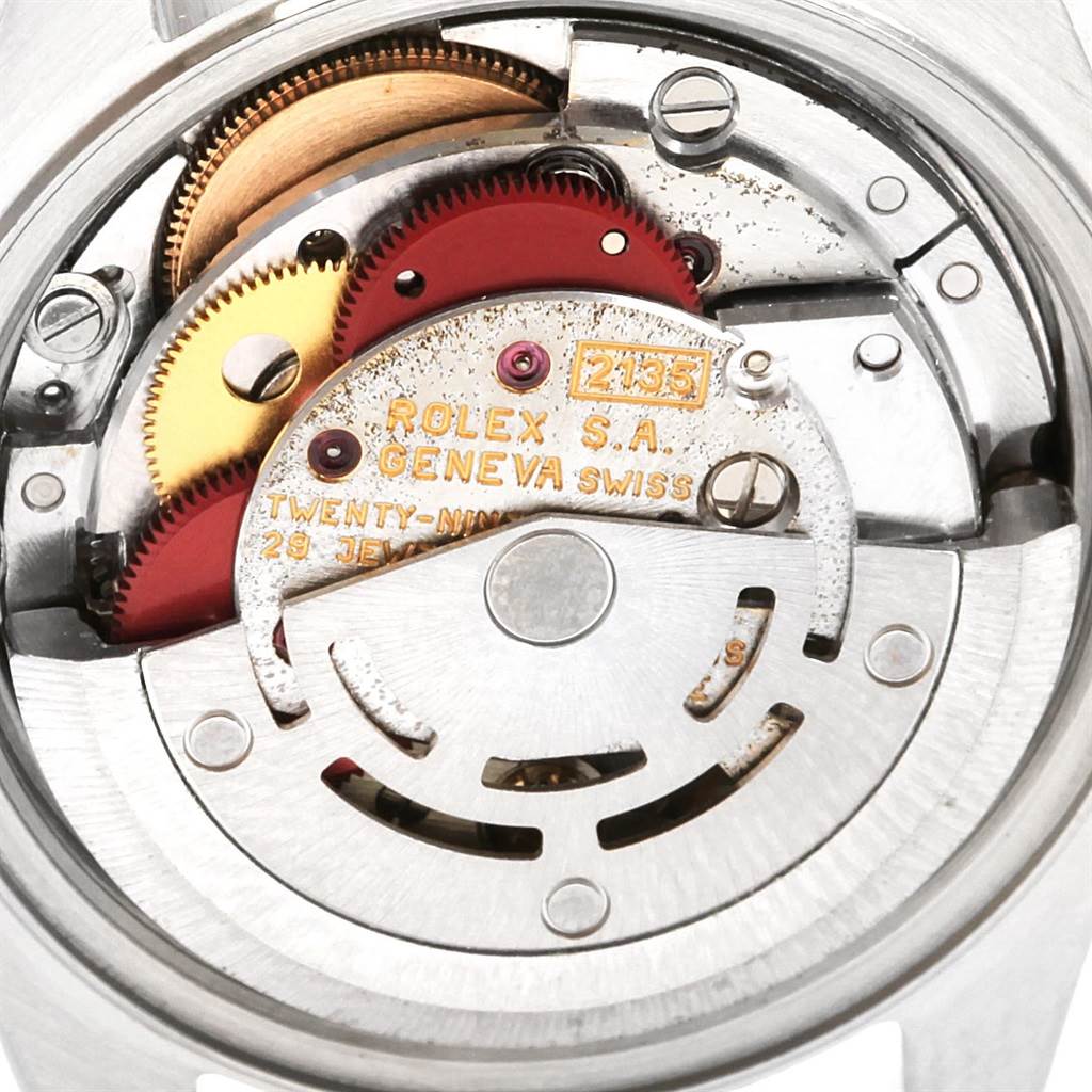 The image shows the inner mechanical components of a Rolex Datejust 69173 Women's Stainless Steel Beige Dial 69173 Women's Stainless Steel Beige Dial watch, viewed from the back with the movement exposed.