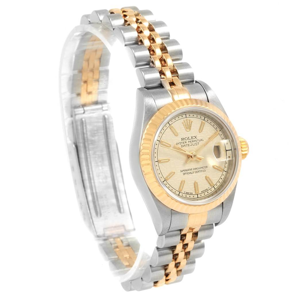 The image shows a Rolex Datejust 69173 Women's Stainless Steel Beige Dial 69173 Women's Stainless Steel Beige Dial watch at a three-quarter angle, highlighting its two-tone bracelet and gold bezel.