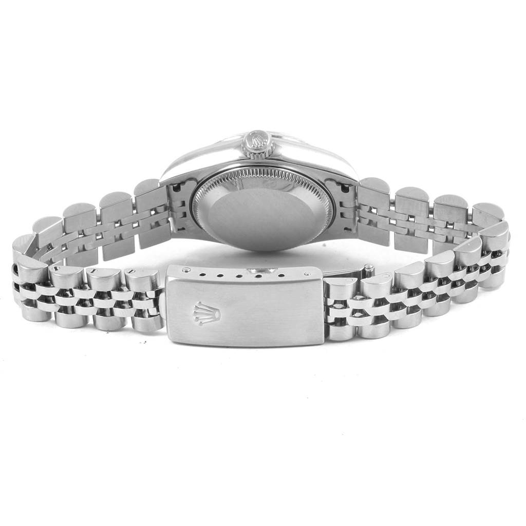 This image shows the clasp and bracelet from the back of a Rolex Datejust 79174 Women
s Stainless Steel Mother of Pearl Dial 79174 Women
s Stainless Steel Mother of Pearl Dial watch.