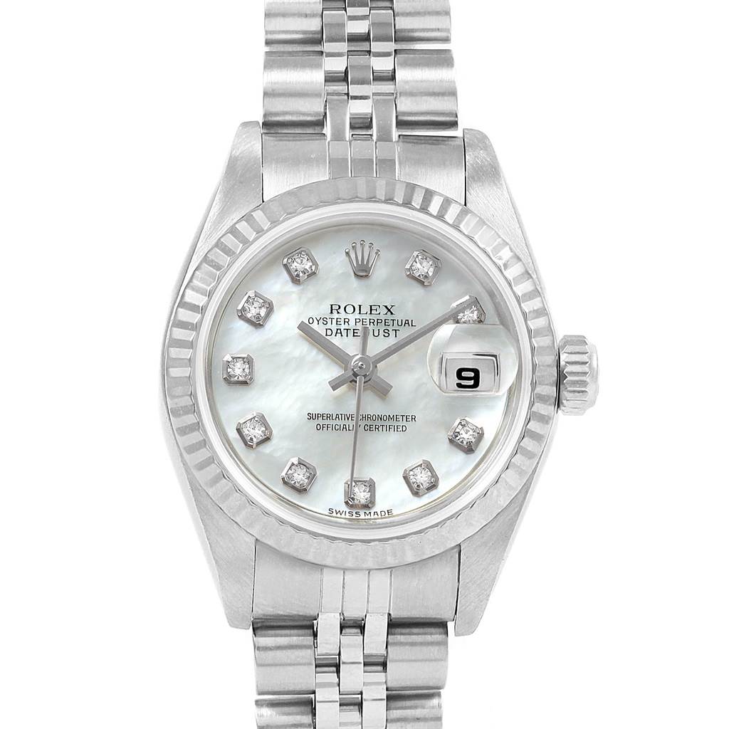 The image shows a front view of a Rolex Datejust 79174 Women
s Stainless Steel Mother of Pearl Dial 79174 Women
s Stainless Steel Mother of Pearl Dial watch highlighting its face, bracelet, and date display.