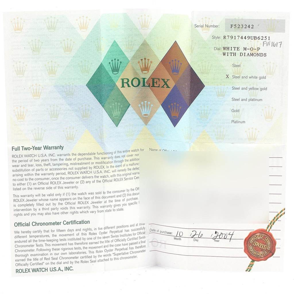 The image shows the warranty and certification card for a Rolex Datejust 79174 Women
s Stainless Steel Mother of Pearl Dial 79174 Women
s Stainless Steel Mother of Pearl Dial model watch.