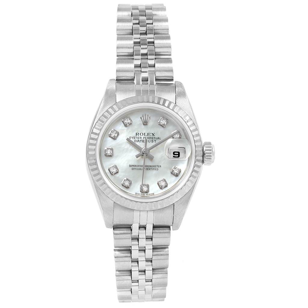 This image shows a frontal view of the Rolex Datejust 79174 Women
s Stainless Steel Mother of Pearl Dial 79174 Women
s Stainless Steel Mother of Pearl Dial watch, including the face, bracelet, and crown.