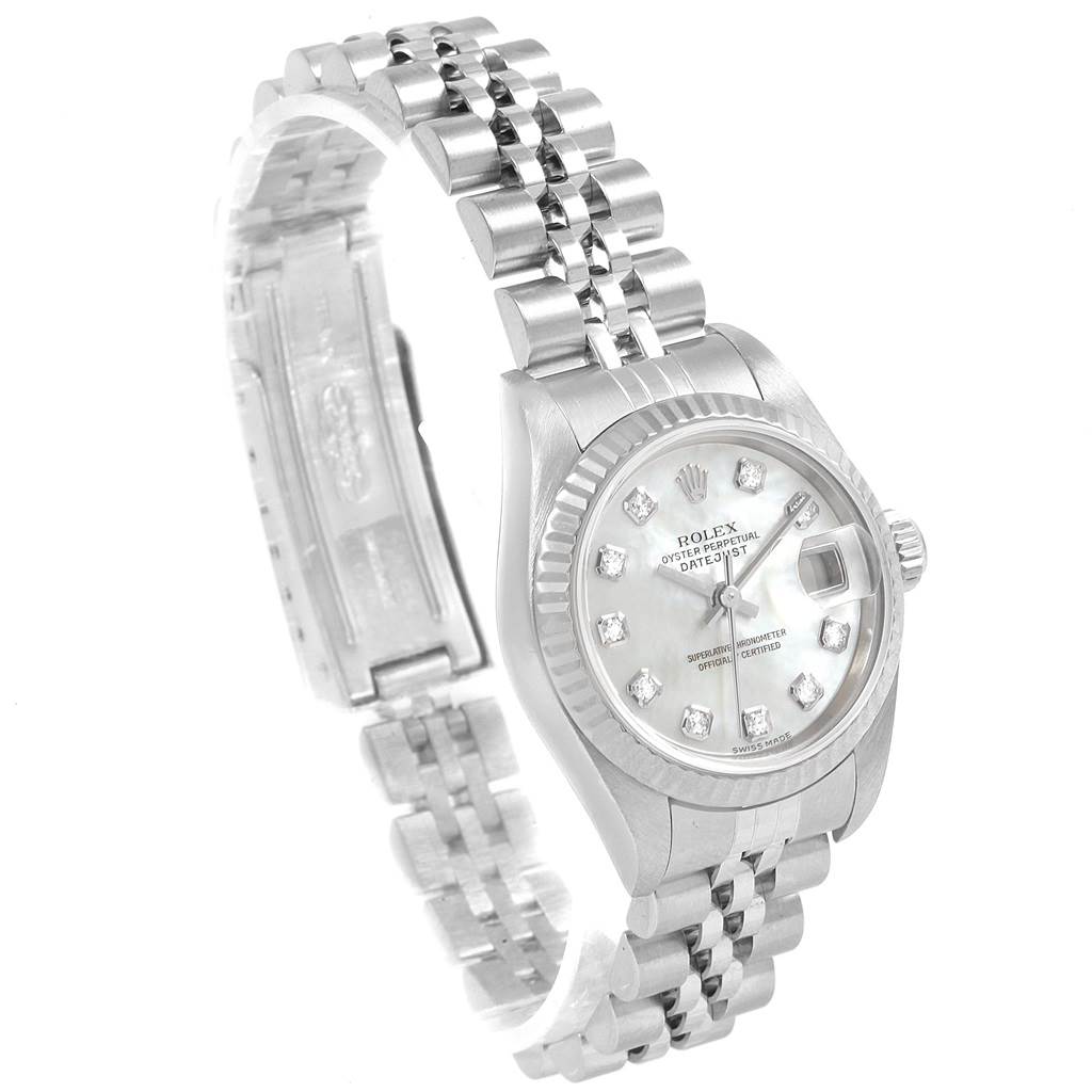 The image shows a Rolex Datejust 79174 Women
s Stainless Steel Mother of Pearl Dial 79174 Women
s Stainless Steel Mother of Pearl Dial watch from an angled front view, highlighting its face, bracelet, and clasp.