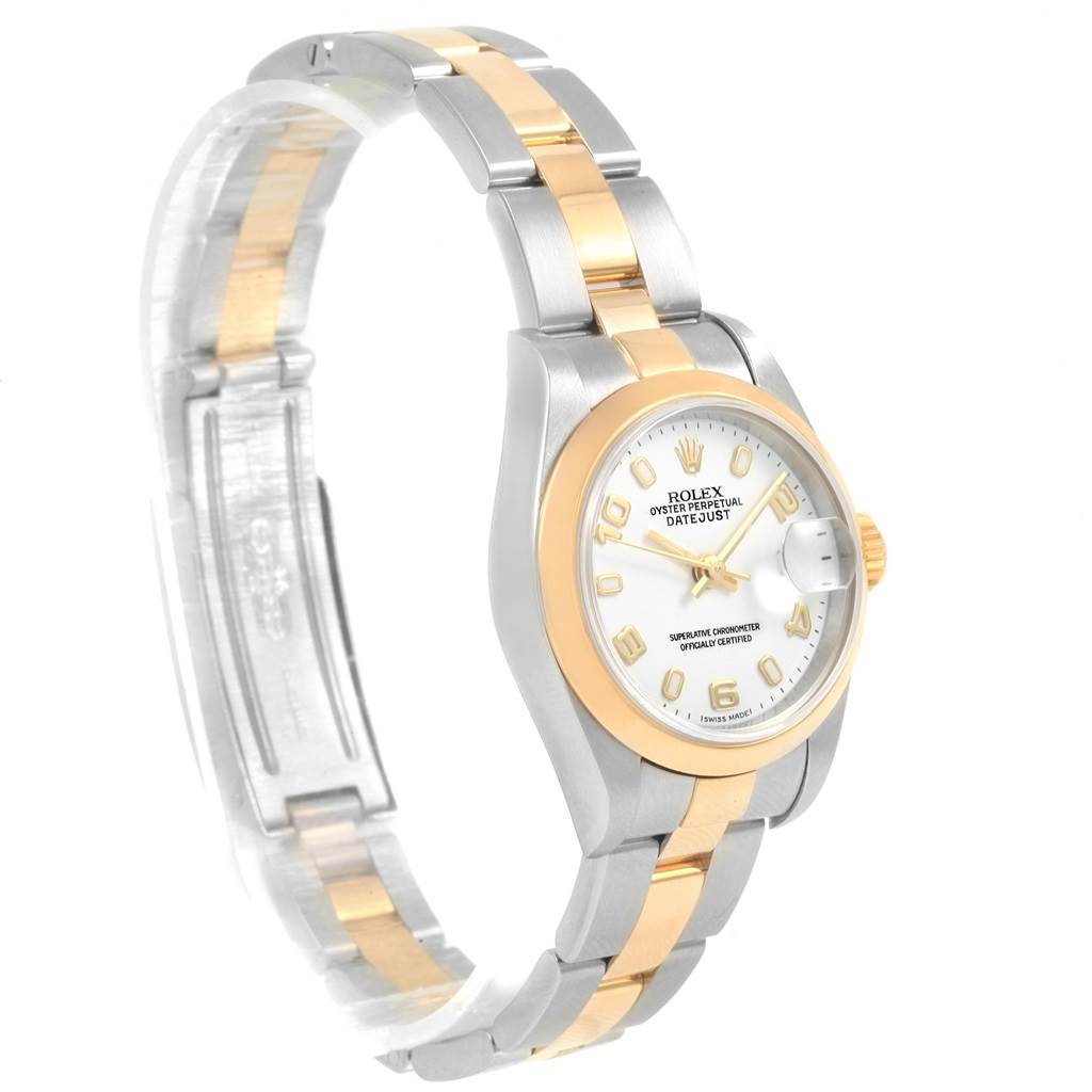 This image shows a side angle of a Rolex Datejust 79163 Women's Steel and Gold (two tone) White Dial 79163 Women's Steel and Gold (two tone) White Dial watch, highlighting its two-tone bracelet and white dial.