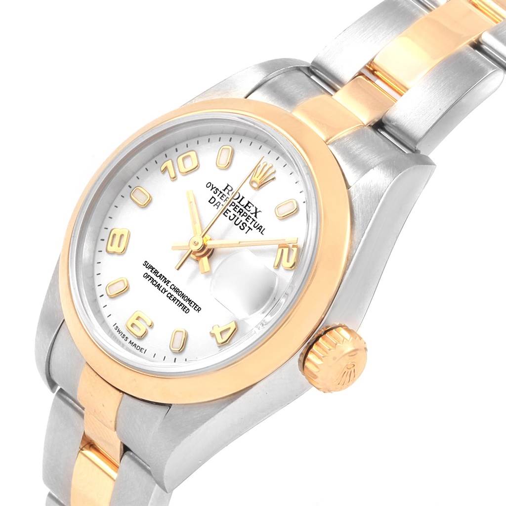This Rolex Datejust 79163 Women's Steel and Gold (two tone) White Dial 79163 Women's Steel and Gold (two tone) White Dial model is shown at a slight angle, highlighting its two-tone bracelet, dial, bezel, and crown.