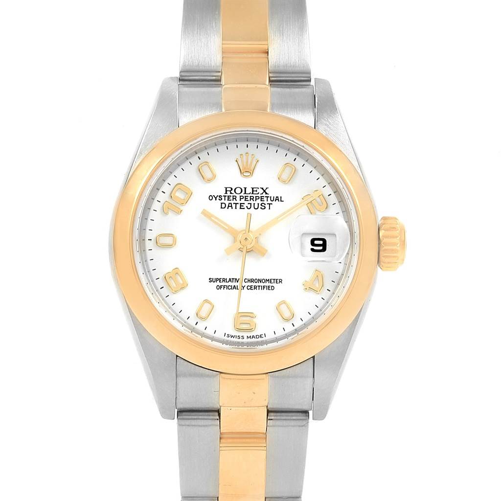 This is a straight-on view of the Rolex Datejust 79163 Women's Steel and Gold (two tone) White Dial 79163 Women's Steel and Gold (two tone) White Dial showing the face, bezel, and part of the bracelet.