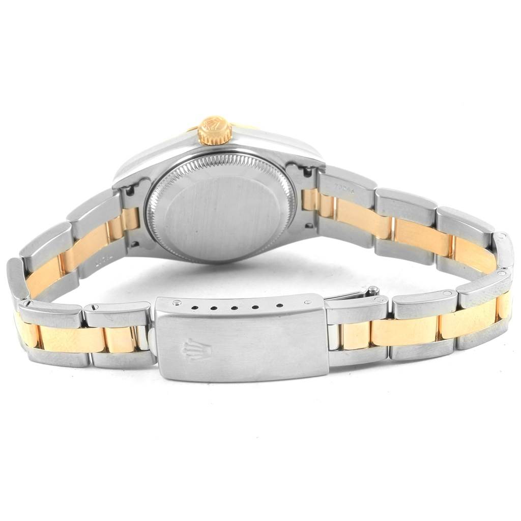 This image shows the back view of the Rolex Datejust 79163 Women's Steel and Gold (two tone) White Dial 79163 Women's Steel and Gold (two tone) White Dial watch, highlighting the case back, crown, and two-tone bracelet.