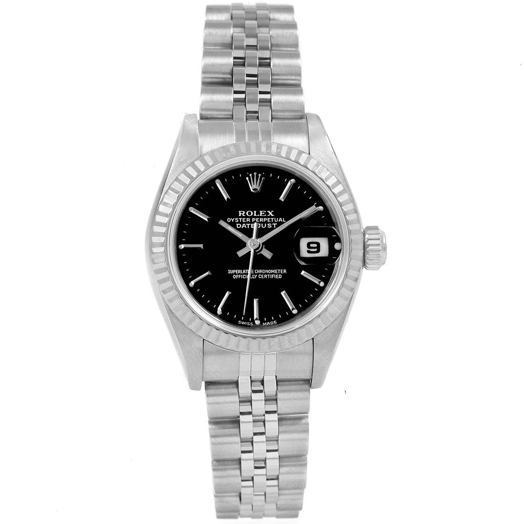 The image shows a Rolex Datejust 79174 Women
s Stainless Steel Black Dial 79174 Women
s Stainless Steel Black Dial watch front view, including the black dial, jubilee bracelet, fluted bezel, and date window.