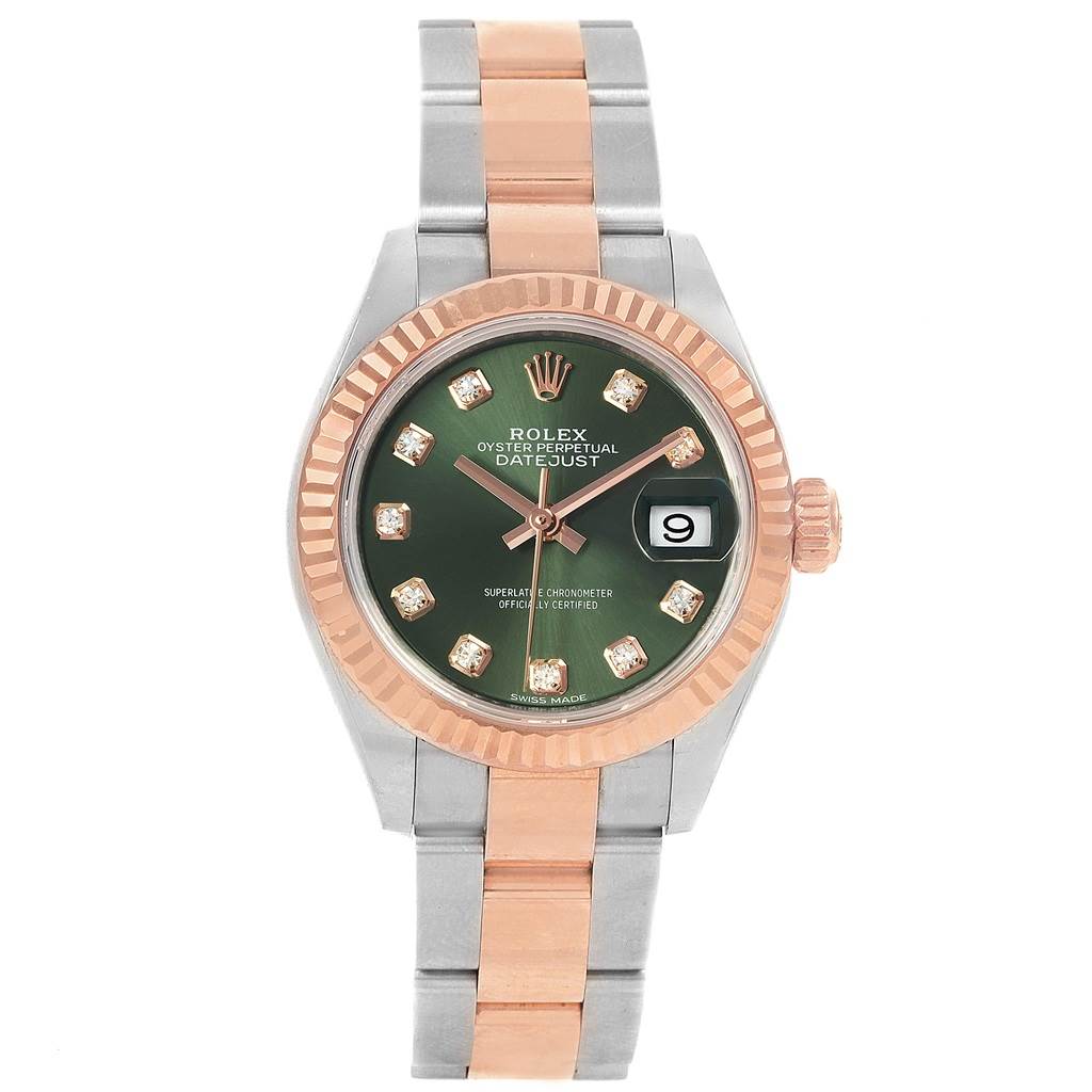 This Rolex Datejust 279171 Women's Steel and Gold (two tone) Green Dial 279171 Women's Steel and Gold (two tone) Green Dial watch is viewed from the front, showing its green dial, diamond markers, fluted bezel, and two-tone bracelet.