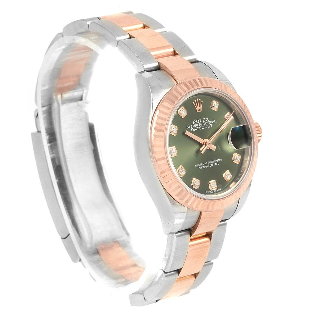 The image shows a Rolex Datejust 279171 Women's Steel and Gold (two tone) Green Dial 279171 Women's Steel and Gold (two tone) Green Dial watch at an angled view, highlighting its rose gold and silver bracelet, fluted bezel, and green dial.