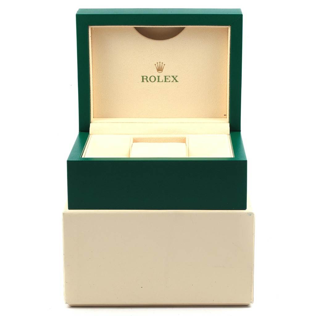 This image shows an open Rolex Datejust 279171 Women's Steel and Gold (two tone) Green Dial 279171 Women's Steel and Gold (two tone) Green Dial watch box with the brand logo visible.