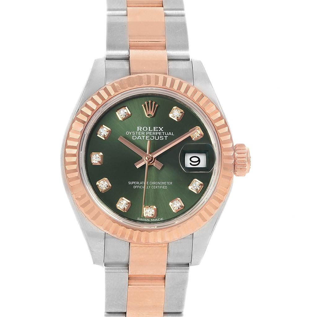 The Rolex Datejust 279171 Women's Steel and Gold (two tone) Green Dial 279171 Women's Steel and Gold (two tone) Green Dial watch is shown from a front angle, displaying the face, bezel, and bracelet.