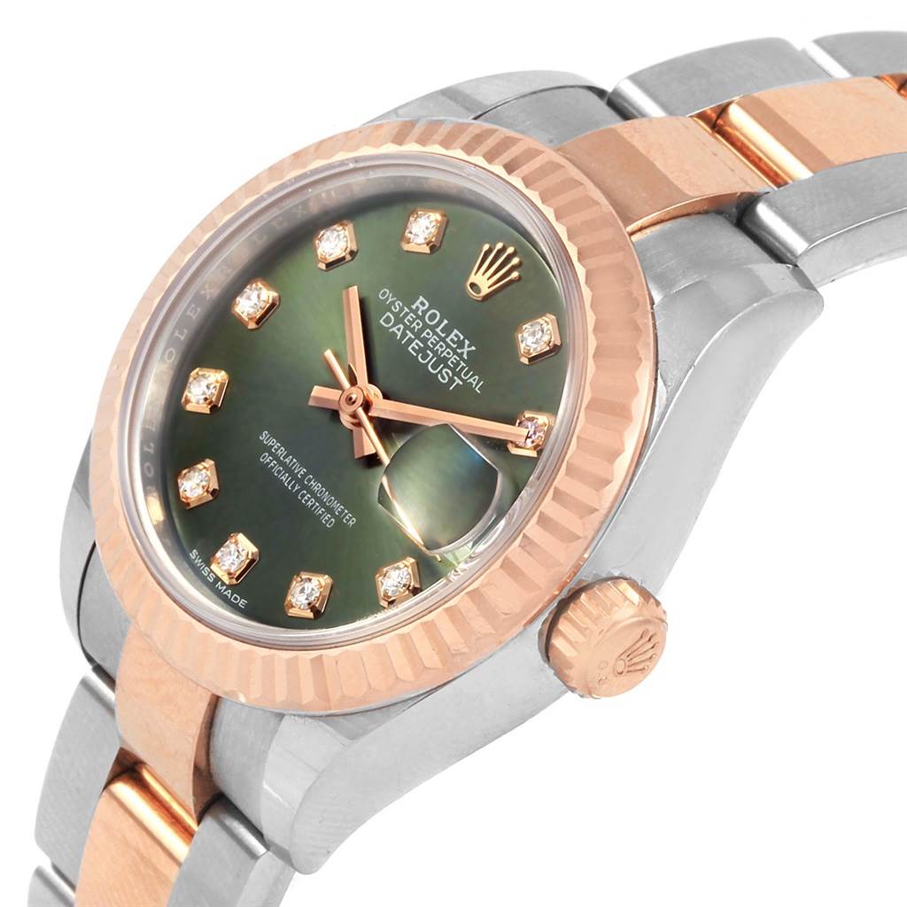 This Rolex Datejust 279171 Women's Steel and Gold (two tone) Green Dial 279171 Women's Steel and Gold (two tone) Green Dial watch is shown at an angled view, highlighting its green dial, diamond markers, two-tone bracelet, and fluted bezel.
