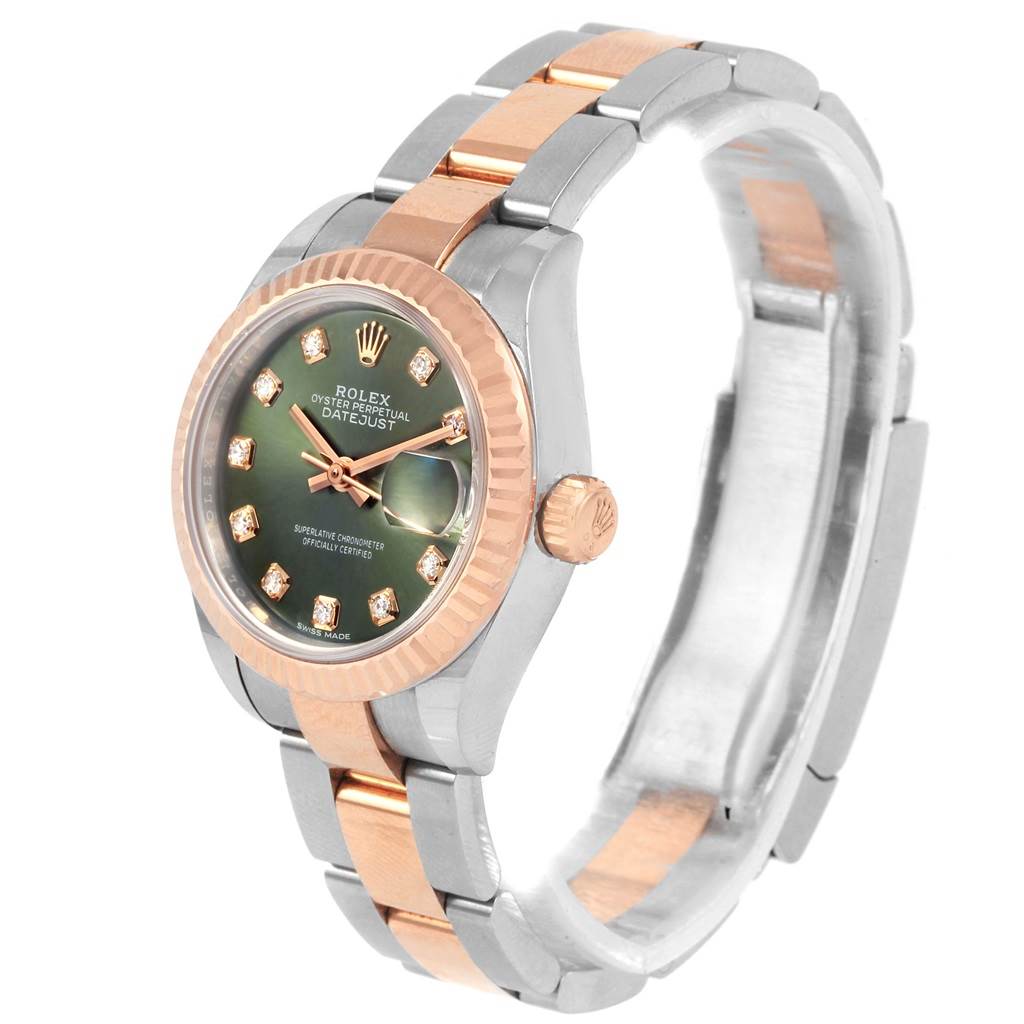 The image shows a Rolex Datejust 279171 Women's Steel and Gold (two tone) Green Dial 279171 Women's Steel and Gold (two tone) Green Dial watch from an angled side view, highlighting its two-tone strap, crown, and dial with diamond markers.