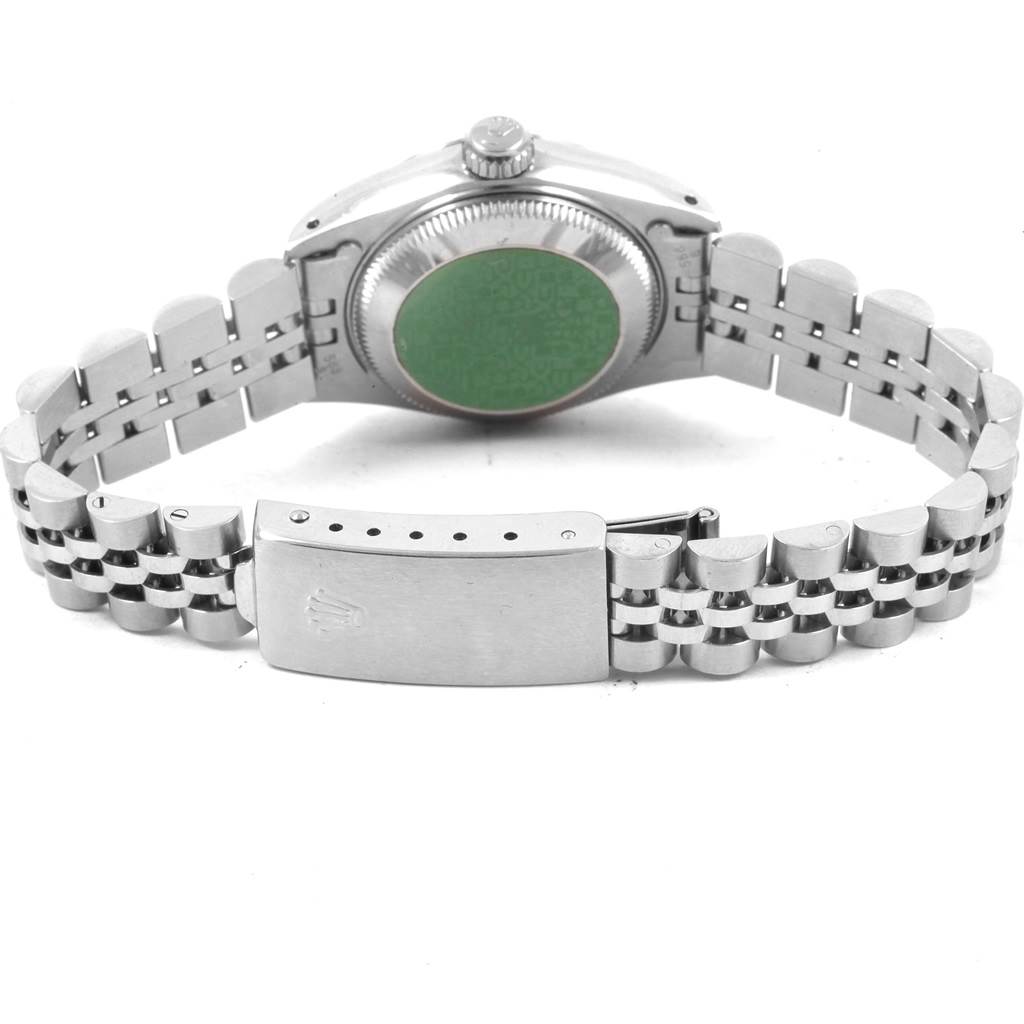 The image shows the back view of a Rolex Datejust 69174 Women
s Stainless Steel Silver Dial 69174 Women
s Stainless Steel Silver Dial watch focusing on its bracelet and clasp.