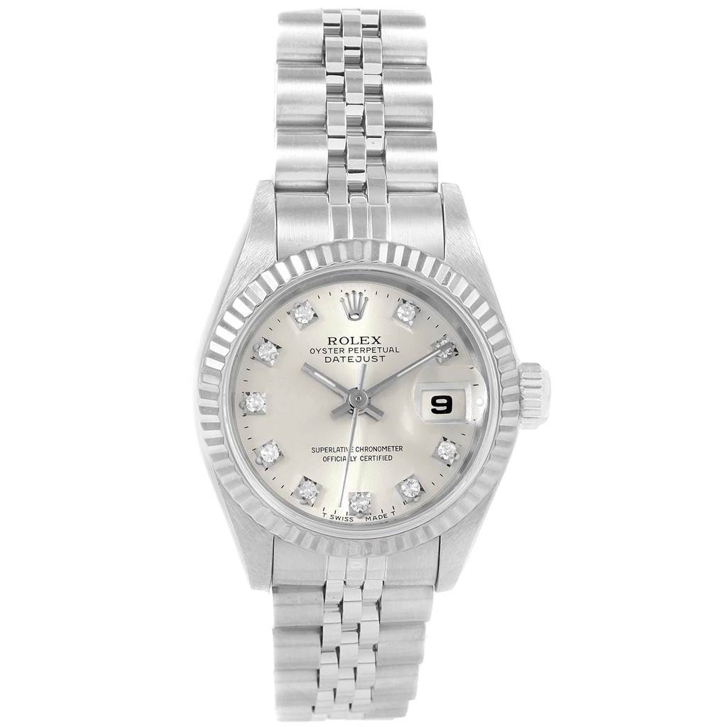 The image shows a front-facing view of a Rolex Datejust 69174 Women
s Stainless Steel Silver Dial 69174 Women
s Stainless Steel Silver Dial watch, highlighting the dial, bezel, and bracelet.