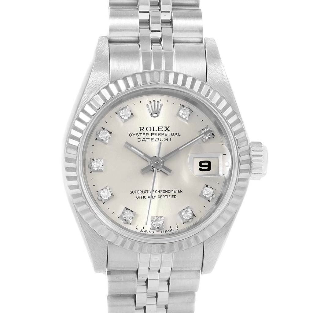 This image shows a front view of a Rolex Datejust 69174 Women
s Stainless Steel Silver Dial 69174 Women
s Stainless Steel Silver Dial watch, displaying its face, dial, bezel, and part of the bracelet.