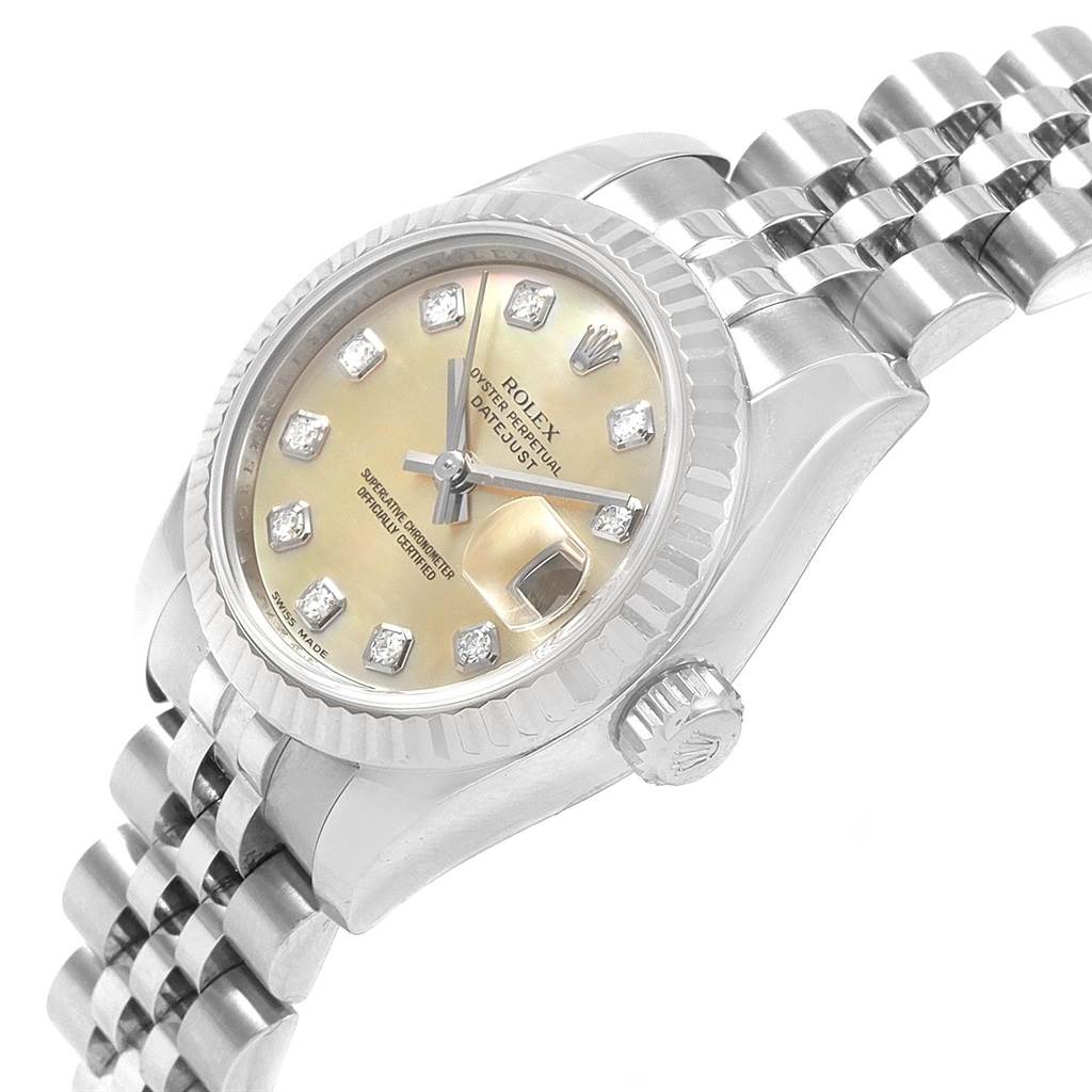 This image shows a Rolex Datejust 179174 Women
s Stainless Steel Mother of Pearl Dial 179174 Women
s Stainless Steel Mother of Pearl Dial watch at a slight angle, highlighting the face, bezel, crown, and part of the bracelet.